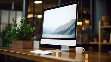 une ordinateur moniteur sur une table ai généré photo