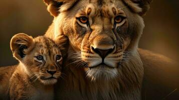 une Lion et une lionceau ai généré photo