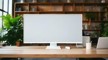 une blanc écran sur une bureau ai généré photo