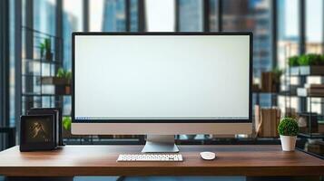 une ordinateur sur une bureau ai généré photo