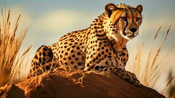 une guépard mensonge dans le herbe ai généré photo