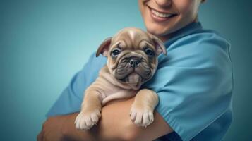 tondu coup de vétérinaire en portant chiot dans clinique, concentrer sur chien. ai généré photo