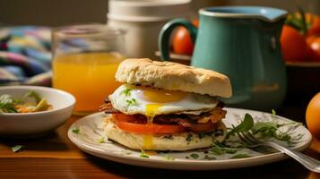 ai génératif de un Anglais muffin petit déjeuner sandwich est une délicieux combo de duveteux œufs, croustillant Bacon ou saucisse, et gluant fromage, tout niché à l'intérieur une grillé muffin. une parfait Matin mordre photo