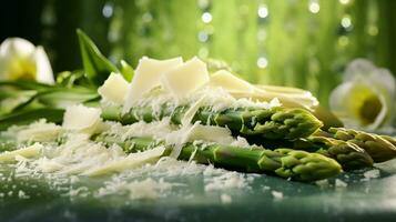 ai génératif de asperges avec Parmesan fondante, une vraiment indulgent et l'eau à la bouche traiter. photo