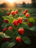 fraise ferme avec lever du soleil. ai généré photo
