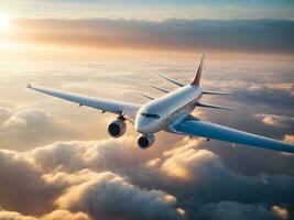 avion en volant au dessus des nuages à le coucher du soleil. Voyage et transport concept. ai généré photo