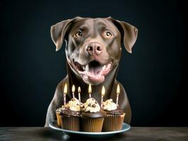 adorable chien posant avec une anniversaire gâteau à une fête ai génératif photo