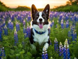 curieuse chien explorant une champ de épanouissement fleurs sauvages ai génératif photo