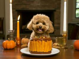 adorable chien posant avec une anniversaire gâteau à une fête ai génératif photo