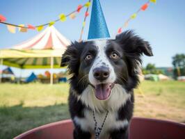 adorable chien posant avec une anniversaire gâteau à une fête ai génératif photo