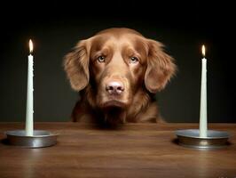 adorable chien posant avec une anniversaire gâteau à une fête ai génératif photo