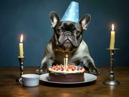 adorable chien posant avec une anniversaire gâteau à une fête ai génératif photo