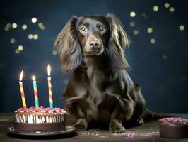 adorable chien posant avec une anniversaire gâteau à une fête ai génératif photo