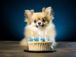 adorable chien posant avec une anniversaire gâteau à une fête ai génératif photo