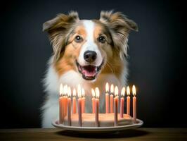 adorable chien posant avec une anniversaire gâteau à une fête ai génératif photo