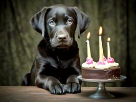 adorable chien posant avec une anniversaire gâteau à une fête ai génératif photo