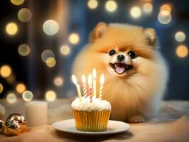 adorable chien posant avec une anniversaire gâteau à une fête ai génératif photo