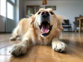 contenu chien profiter dans le vivant pièce sol ai génératif photo