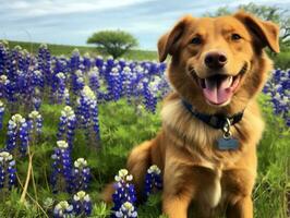 curieuse chien explorant une champ de épanouissement fleurs sauvages ai génératif photo