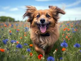 curieuse chien explorant une champ de épanouissement fleurs sauvages ai génératif photo