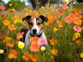 curieuse chien explorant une champ de épanouissement fleurs sauvages ai génératif photo