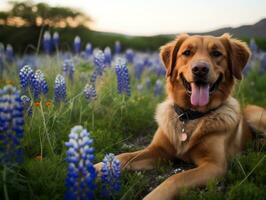 curieuse chien explorant une champ de épanouissement fleurs sauvages ai génératif photo