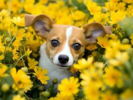 curieuse chien explorant une champ de épanouissement fleurs sauvages ai génératif photo