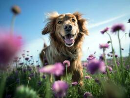 curieuse chien explorant une champ de épanouissement fleurs sauvages ai génératif photo