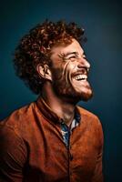 de bonne humeur studio portrait de une souriant européen homme avec frisé rouge cheveux, fermer, doux lumière, ai généré art photo