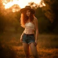 portrait de une femme dans une cow-boy chapeau sur le Contexte de le réglage soleil, Naturel photo dans le champ, ,doux lumière, ai génératif art