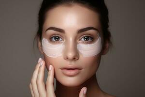 femme appliquant hydratant crème sur visage peau. génératif ai photo