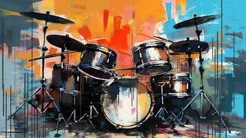 génératif ai, le jazz la musique rue art avec tambours musical instrument silhouette. encre coloré graffiti art sur une texturé mur, Toile Contexte. photo