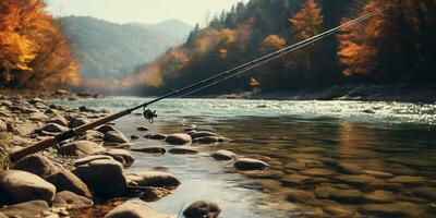 génératif ai, pêche avec tiges sur l'automne paysage près le rivière, pêcheur avec filage, en sourdine couleurs photo