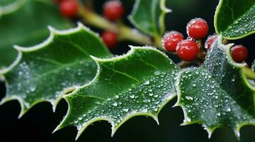 ai génératif proche en haut de croustillant houx feuilles avec la glace et rouge baie photo