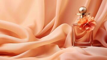 génératif ai, bouteille de parfum sur une Orange soie Contexte. verre ballon avec Orange fragrance emballage conception moquer en haut photo