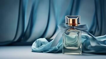 génératif ai, bouteille de parfum sur une bleu soie Contexte. verre ballon avec bleu fragrance emballage conception moquer en haut photo