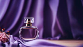 génératif ai, bouteille de parfum sur une violet soie Contexte. verre ballon avec violet fragrance emballage conception moquer en haut photo