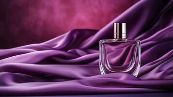 génératif ai, bouteille de parfum sur une violet soie Contexte. verre ballon avec violet fragrance emballage conception moquer en haut photo
