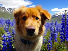 curieuse chien explorant une champ de épanouissement fleurs sauvages ai génératif photo