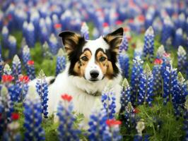 curieuse chien explorant une champ de épanouissement fleurs sauvages ai génératif photo