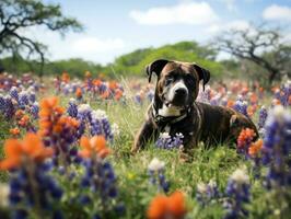 curieuse chien explorant une champ de épanouissement fleurs sauvages ai génératif photo