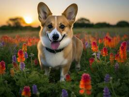 curieuse chien explorant une champ de épanouissement fleurs sauvages ai génératif photo