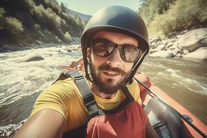 rivière rafting homme dans des lunettes de soleil fermer selfie. produire ai photo