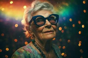à la mode personnes âgées femme avec des lunettes de soleil posant sur multicolore illuminé Contexte. produire ai photo