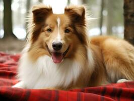 duveteux chien séance sur une coloré pique-nique couverture ai génératif photo