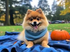 duveteux chien séance sur une coloré pique-nique couverture ai génératif photo