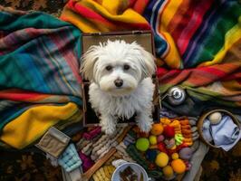 duveteux chien séance sur une coloré pique-nique couverture ai génératif photo