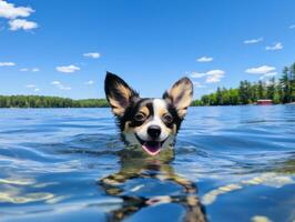 amical chien dans une clair bleu Lac ai génératif photo