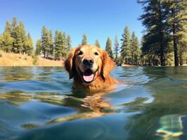 amical chien dans une clair bleu Lac ai génératif photo