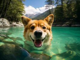 amical chien dans une clair bleu Lac ai génératif photo